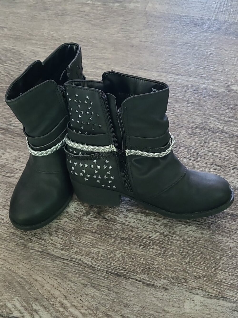 Dream Pairs Girls Black Round Toe Zip Up Ankle Boots Size 1 Silver Glitter Stars